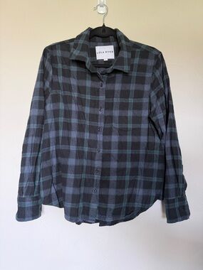 Lola River Black Purple Green Plaid Flannel Button Down Shirt